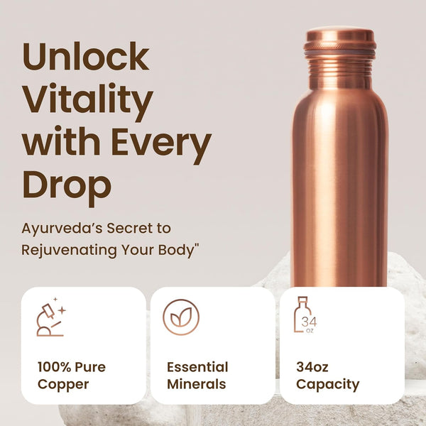 Ayurvedic Water Bottle Pure Copper Drinking Vessel 34 oz