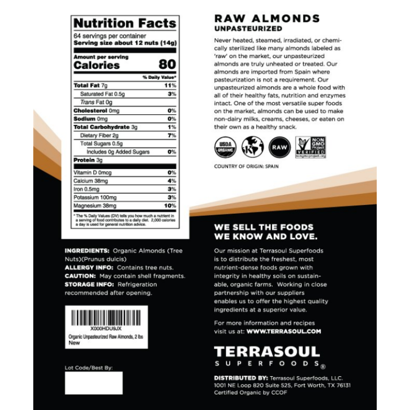 Terrasoul Superfoods Almonds Raw Unpasteurized Organic Sproutable 2 lb