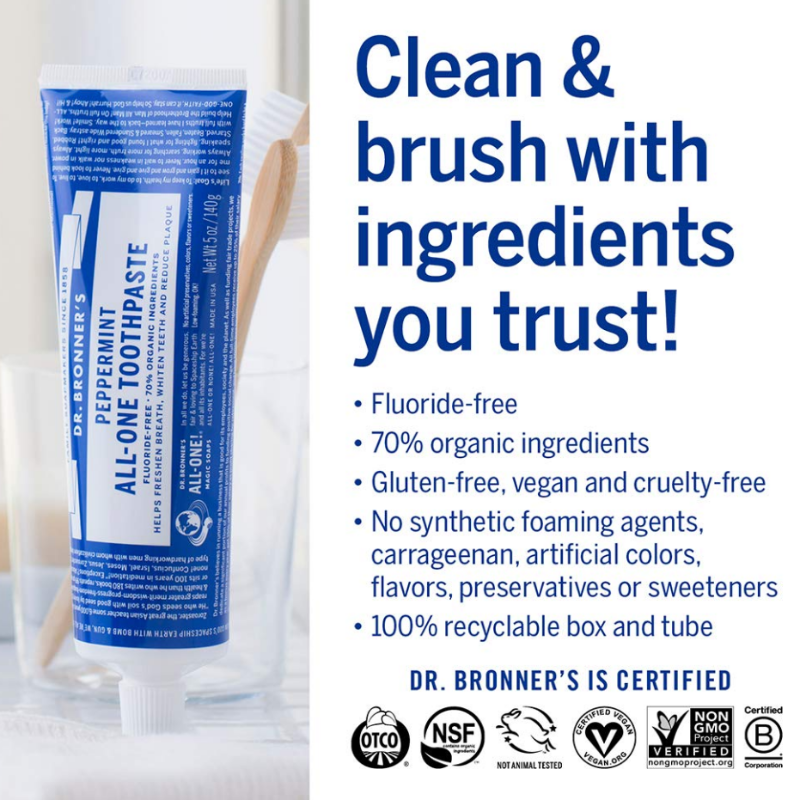 Dr Bronner's Peppermint Toothpaste, Natural, Effective, Fluoride-Free