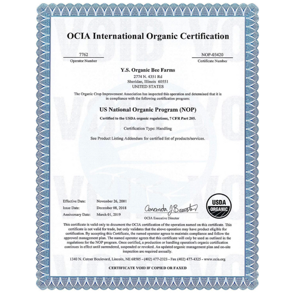 YS Bee Farms Organic Certificate